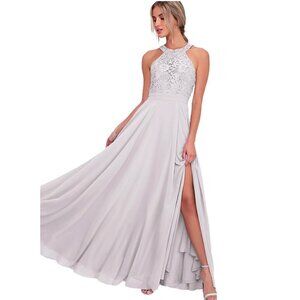 NWT LULUS Love Poem Gray Halter Maxi Gown Crocheted Lace Bodice